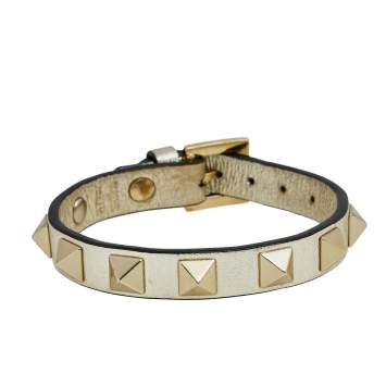 Pre Owned Valentino Silver Leather Rockstud Gold Tone Metal Wrap Bracelet