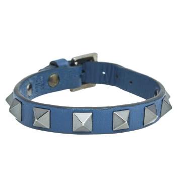 Pre Owned Valentino Blue Leather Black Tone Metal Rockstud Wrap Bracelet