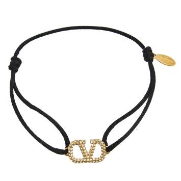 Pre Owned Valentino VLogo Signature Crystal and Black Adjustable Cord Bracelet