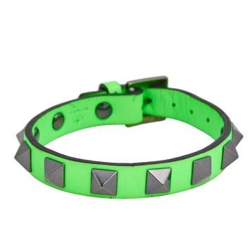 Pre Owned Valentino Neon Green Leather Rockstud Bracelet