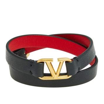 Pre Owned Valentino Black Leather VLogo Double Wrap Bracelet