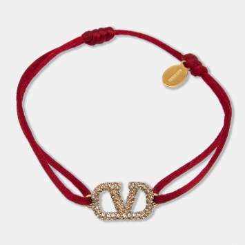 Pre Owned Valentino Gold Tone VLogo Charm Red Adjustable Cord Bracelet