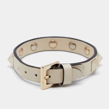 Pre Owned Valentino Leather Rockstud Gold Tone Metal Wrap Bracelet