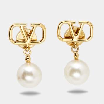 Pre Owned Valentino VLogo Signature Faux Pearls Gold Tone Metal Drop Earrings