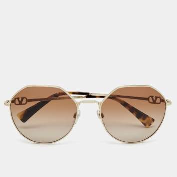 Pre Owned Valentino Gold Tone/ Brown Gradient VA 2043 V Logo Chain Sunglasses