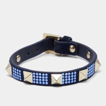 Pre Owned Valentino Emerald Blue Suede Crystal Embellished Rockstud Bracelet