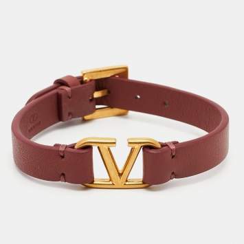 Pre Owned Valentino  VLogo Leather Gold Tone Wrap Bracelet