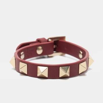 Pre Owned Valentino Rockstud  Leather Gold Tone Bracelet