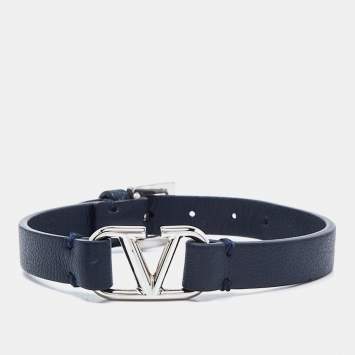 Pre Owned Valentino Dark Blue Leather VLogo Wrap Bracelet