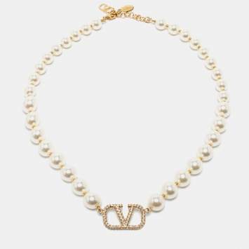 Pre Owned Valentino Gold Tone VLogo Pearl Necklace