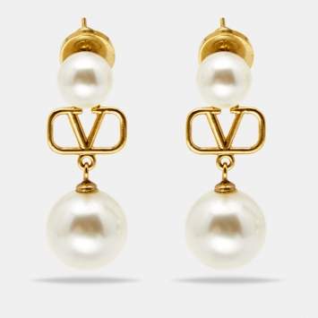 Pre Owned Valentino Gold Tone VLogo Pearl Drop Earrings