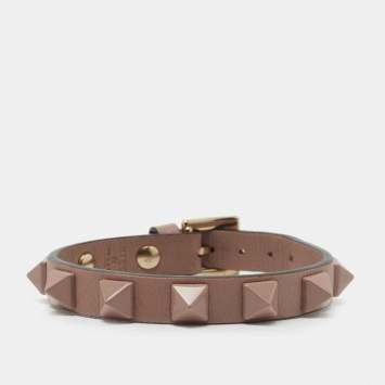 Pre Owned Valentino Taupe Leather & Enamel Rockstud Wrap Bracelet 