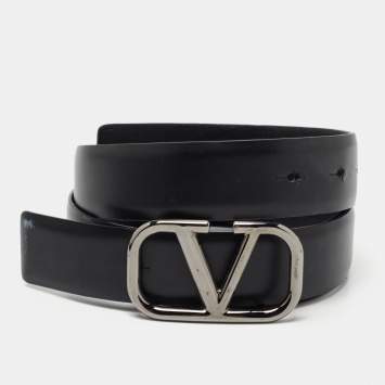 Pre Owned Valentino Black Leather VLogo Reversible Belt 85CM