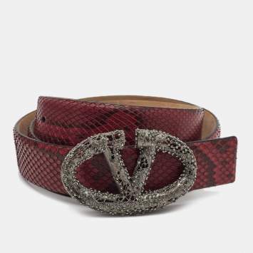Pre Owned Valentino Red Snakeskin Crystal Embellished Logo Platino Belt 90CM