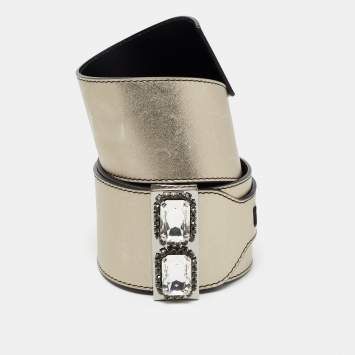 Pre Owned Valentino Pale Gold Leather Crystal Embellished Waist Belt 85CM