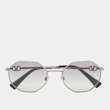 Pre Owned Valentino Gunmetal/Grey VA 2040 Octagonal Sunglasses with Chain