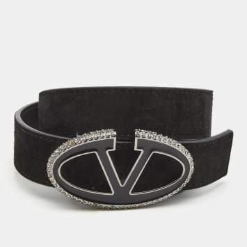 Pre Owned Valentino Black Suede and Leather VLogo Crystals Belt 80CM