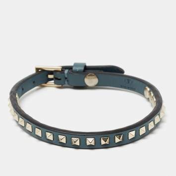 Pre Owned Valentino Rockstud Blue Leather Silver Tone Wrap Bracelet