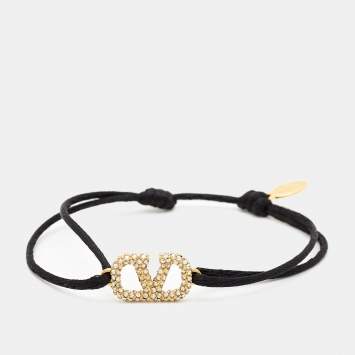 Pre Owned Valentino VLogo VLogo Signature Crystal Gold Tone Adjustable Cord Bracelet