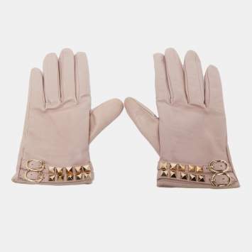 Pre Owned Valentino Beige Leather Rockstud Gloves 