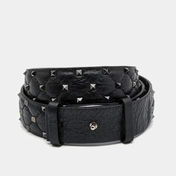 Pre Owned Valentino Black Crinkled Leather Rockstud Belt 85CM
