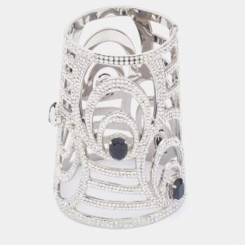Pre Owned Valentino Silver Tone Crystal Embellished Extra Wide Cuff Bracelet