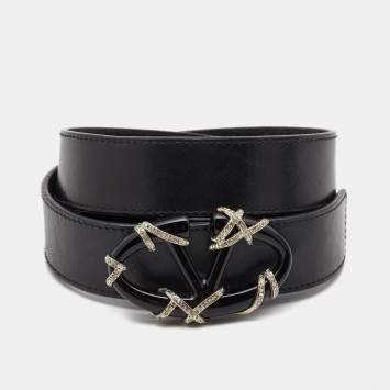Pre Owned Valentino Black Leather VLogo Crystals Buckle Belt 90CM