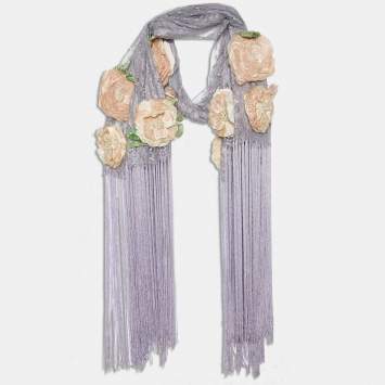 Pre Owned Valentino Lilac Lace Floral Embellished Applique Fringed Shawl