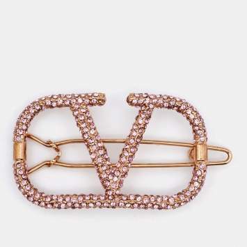 Pre Owned Valentino Pink Crystal VLogo Signature Hair Clip