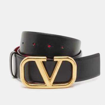 Pre Owned Valentino Black/Red Leather VLogo Reversible Belt Size 80 CM
