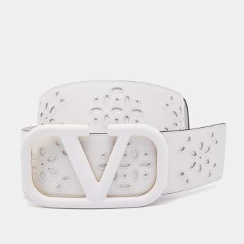 Pre Owned Valentino White Broderie Anglaise Leather VLogo Waist Belt 85CM