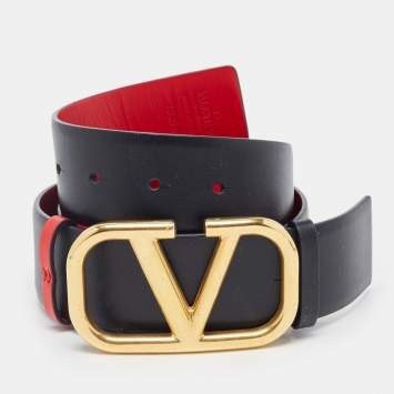 Pre Owned Valentino Black/Red Leather VLogo Reversible Waist Belt Size 75CM