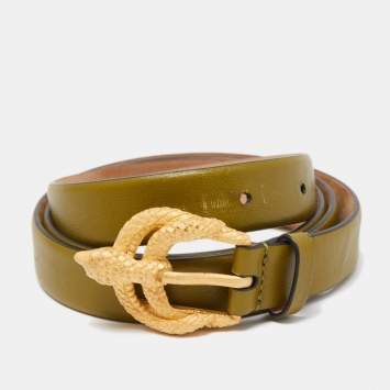 Pre Owned Valentino Green Leather Snake Buckle Belt 90CM