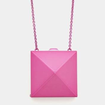 Pre Owned Valentino Purple Pink Rockstud Mirror Box Pendant Chain Necklace