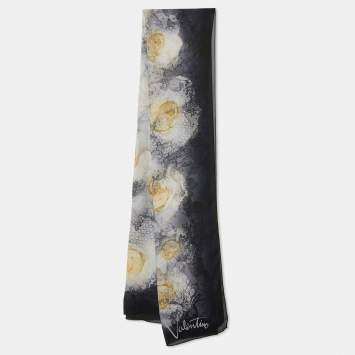 Pre Owned Valentino Black Rose Printed Silk Scarf