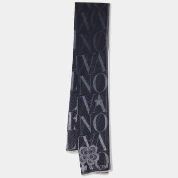 Pre Owned Valentino Black Logo & Floral Printed Silk Scarf