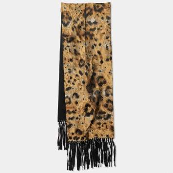 Pre Owned Valentino Gold & Black Silk Jacquard & Satin Two Faced Fringed Scarf