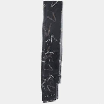 Pre Owned Valentino Black Akk-Over Logo Print Silk Chiffon Scarf