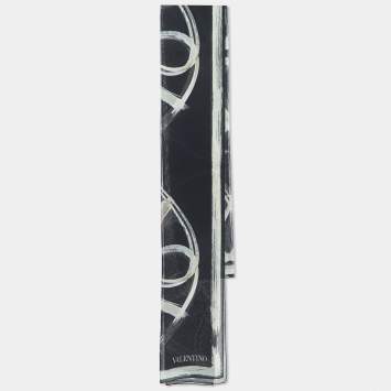 Pre Owned Valentino Black VLogo Print Silk Chiffon Scarf