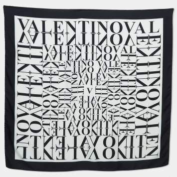 Pre Owned Valentino White/Black Signature Print Silk Square Scarf