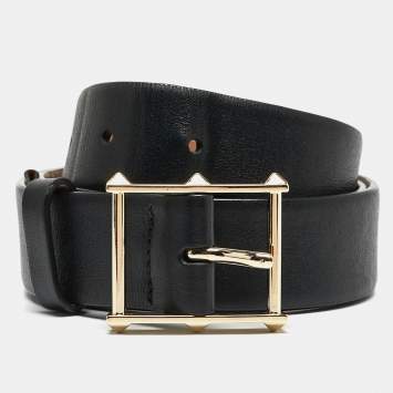 Pre Owned Valentino Black Leather Rockstud Buckle Belt 90CM