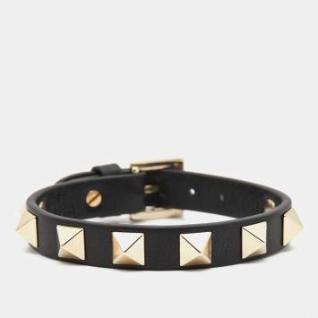 Pre Owned Valentino Rockstud Black Leather Gold Tone Bracelet