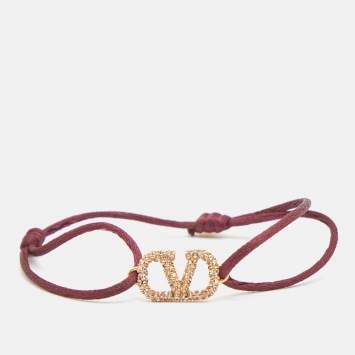 Pre Owned Valentino Vlogo Crystal Gold Tone Cord Bracelet