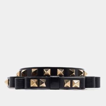 Pre Owned Valentino Black Leather Rockstud Bow Slim Waist Belt 85