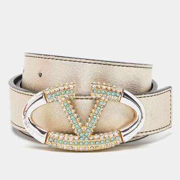 Pre Owned Valentino Gold/Black Leather Crystal Embellished V Logo Belt 90CM