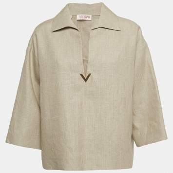 Pre Owned Valentino Beige Linen Canvas Embellished Blouse S