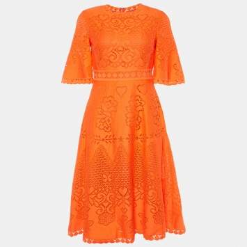 Pre Owned Valentino Orange Lace Short Dress S