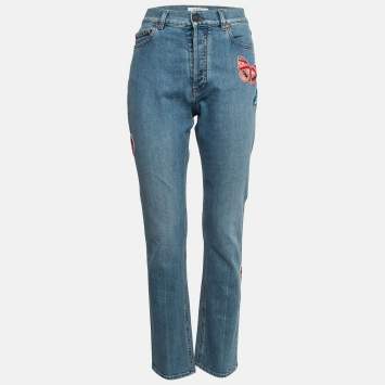 Pre Owned Valentino Blue Beaded Butterfly Applique Denim Jeans M Waist 28"