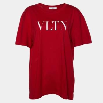 Pre Owned Valentino Red Printed Cotton Knit Round Neck T-Shirt L