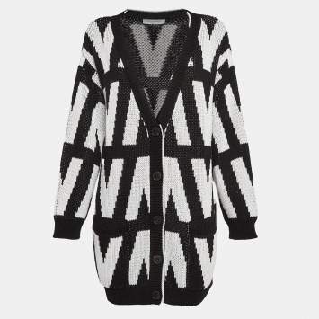 Pre Owned Valentino Black/White V Pattern Knit Optical Cardigan XS